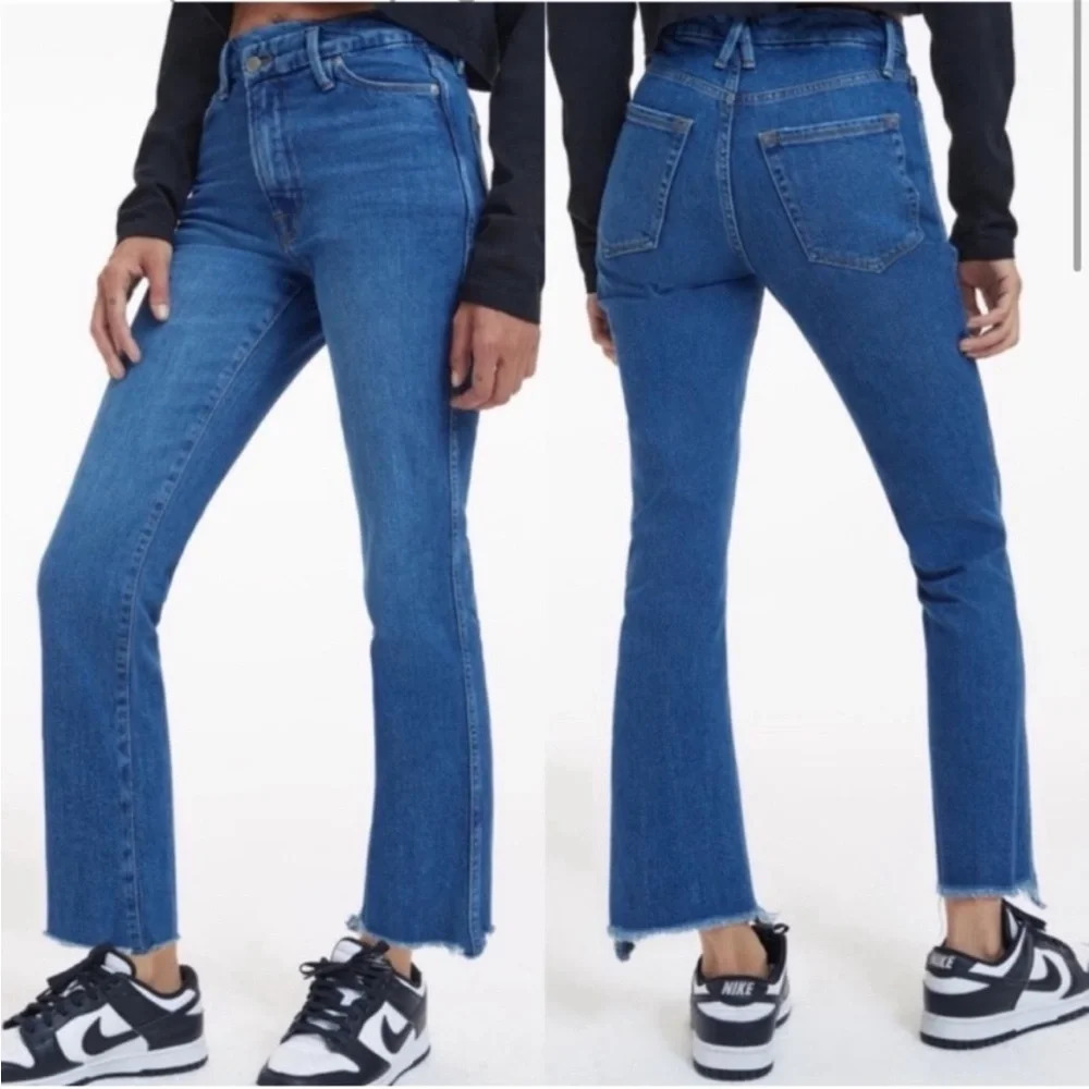 Good American Good Curve Crossover Straight Chewed Raw Hem Jeans Sz 27